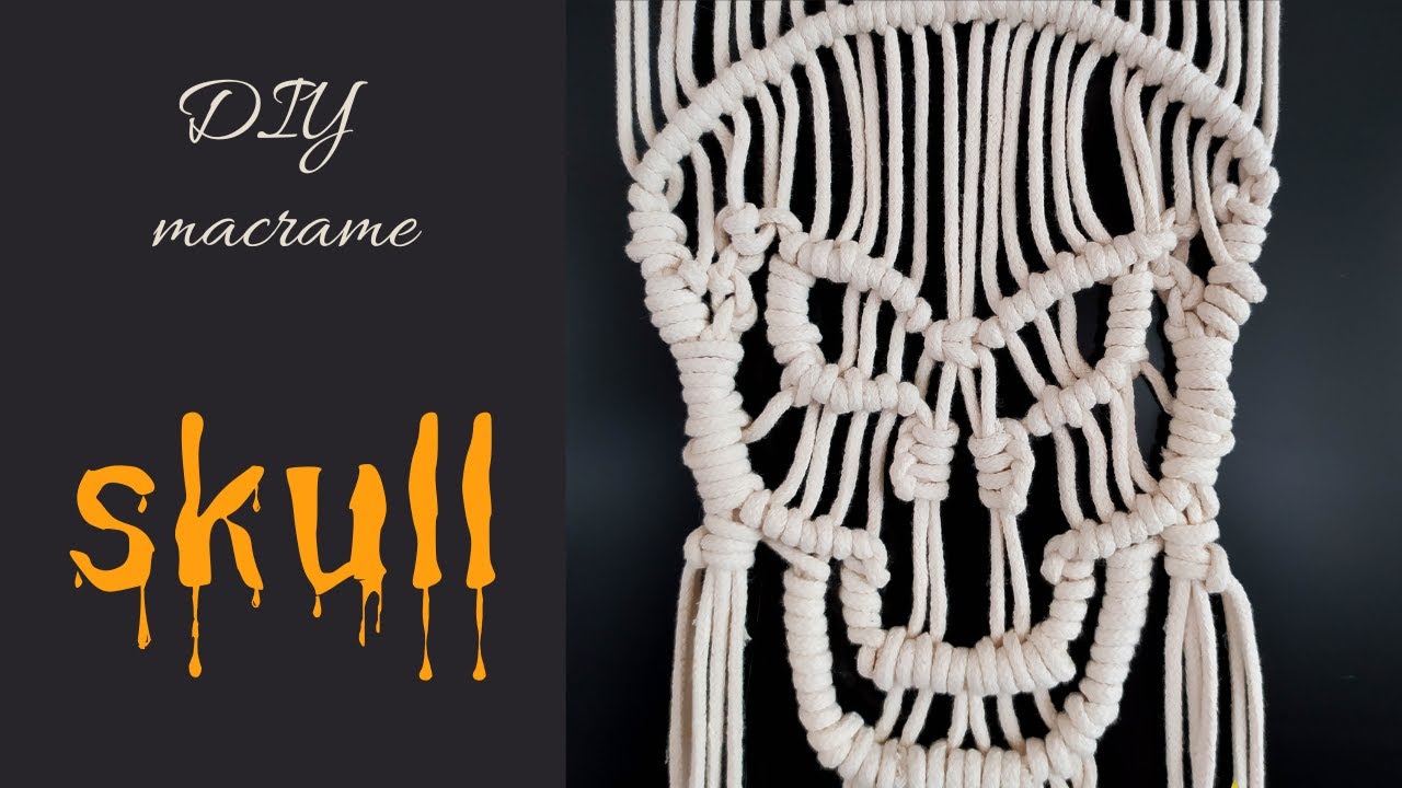 DIY macrame skull wall hanging tutorial for Halloween, spooky skeleton home decor, new 2022 pattern