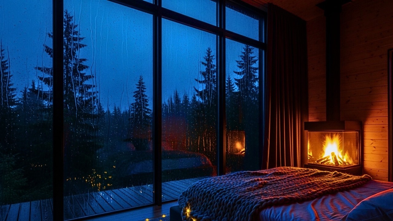Sleeping in a Glass Cabin during Heavy Storm ⛈️ The Most Relaxing Rain Sound Dark Screen