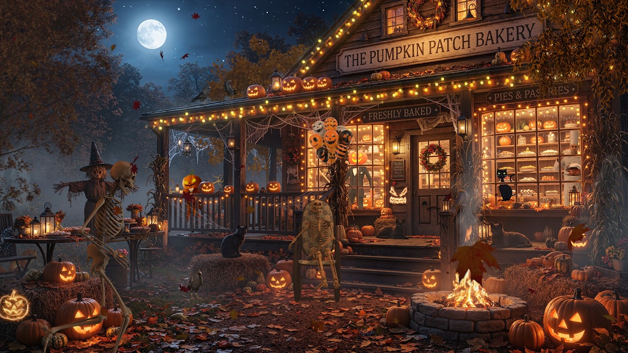 Haunted Pumpkin Bakery Halloween Night 🎃 | Campfire, Autumn Ambience & Sleeping & Stress Relief