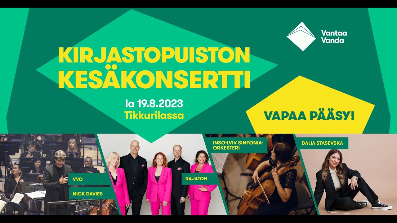 Kirjastopuiston kesäkonsertti Vantaa Tikkurila 2023 Vantaan Viihdeorkesteri Nick Davies Rajaton Abba