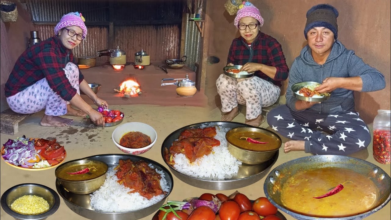 Village Style Nepali Khana Gorkha Chutney Recipe, Dal Curry and Rice cooking & eating Nepali Kitchen