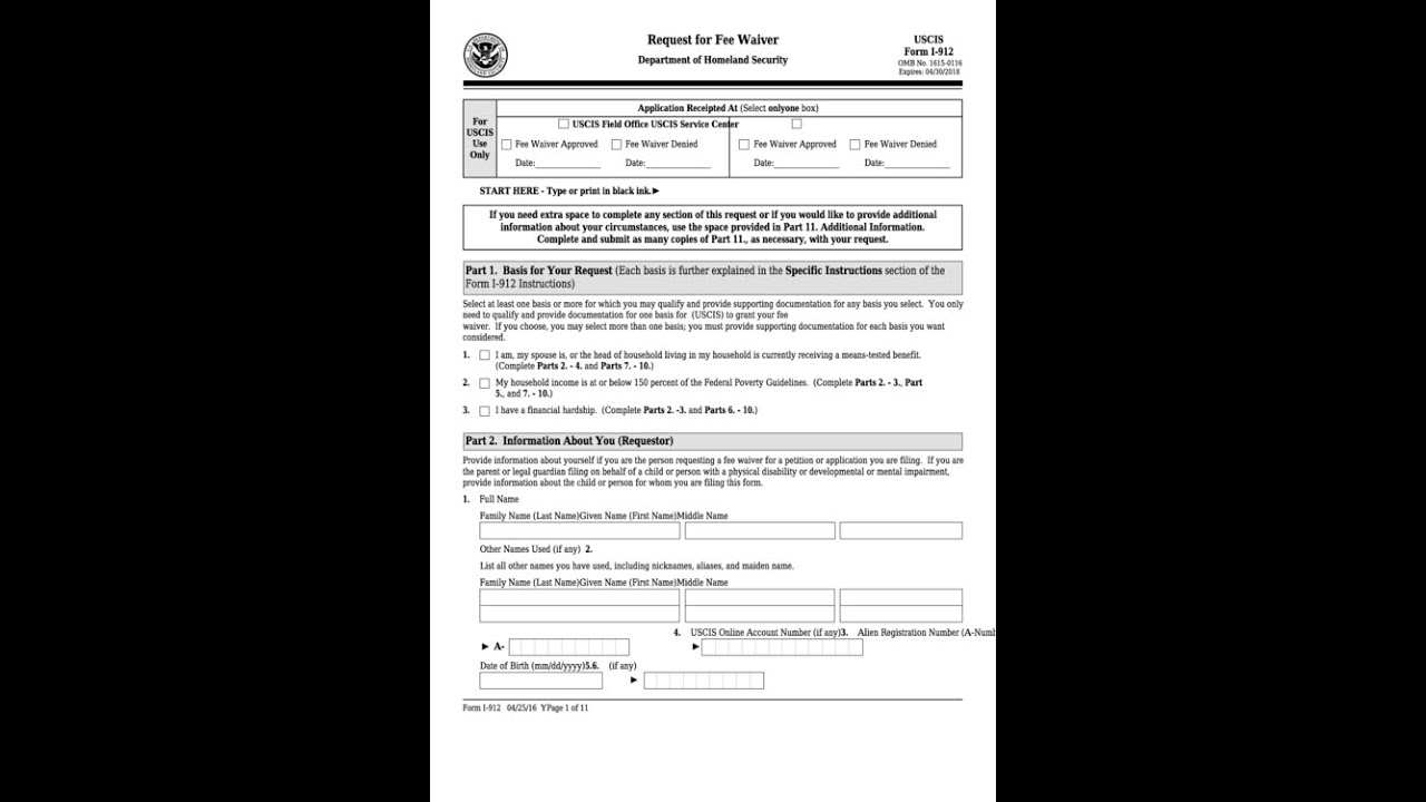 Инструкция по заполнению формы I-912 для освобождения от уплаты сборов USCIS. Инструкция по запро...
