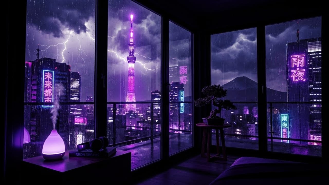 Heavy Rainstorm in Tokyo Night ⛈️ Dark Luxury Apartment Ambience & Purple Neon | Sleep & Focus (4K)