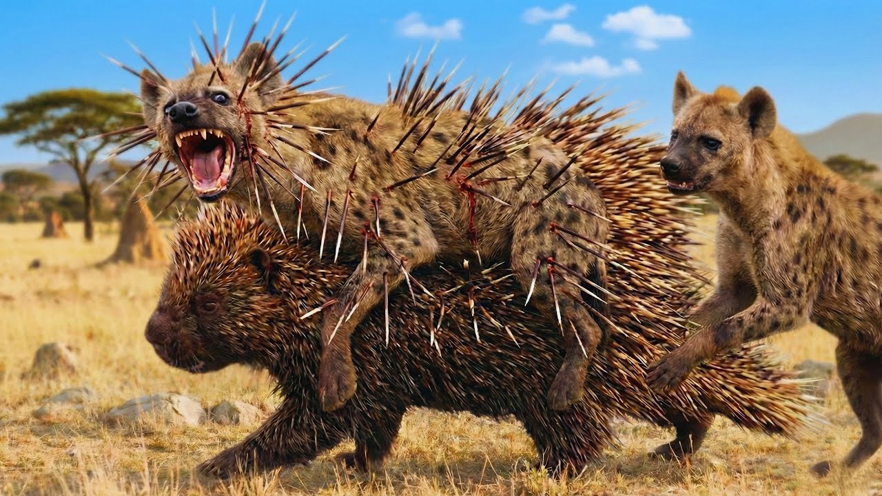Unbelievable! A Painful Lesson: Hyena Stuck on Giant Porcupine's Back | Animal Fight