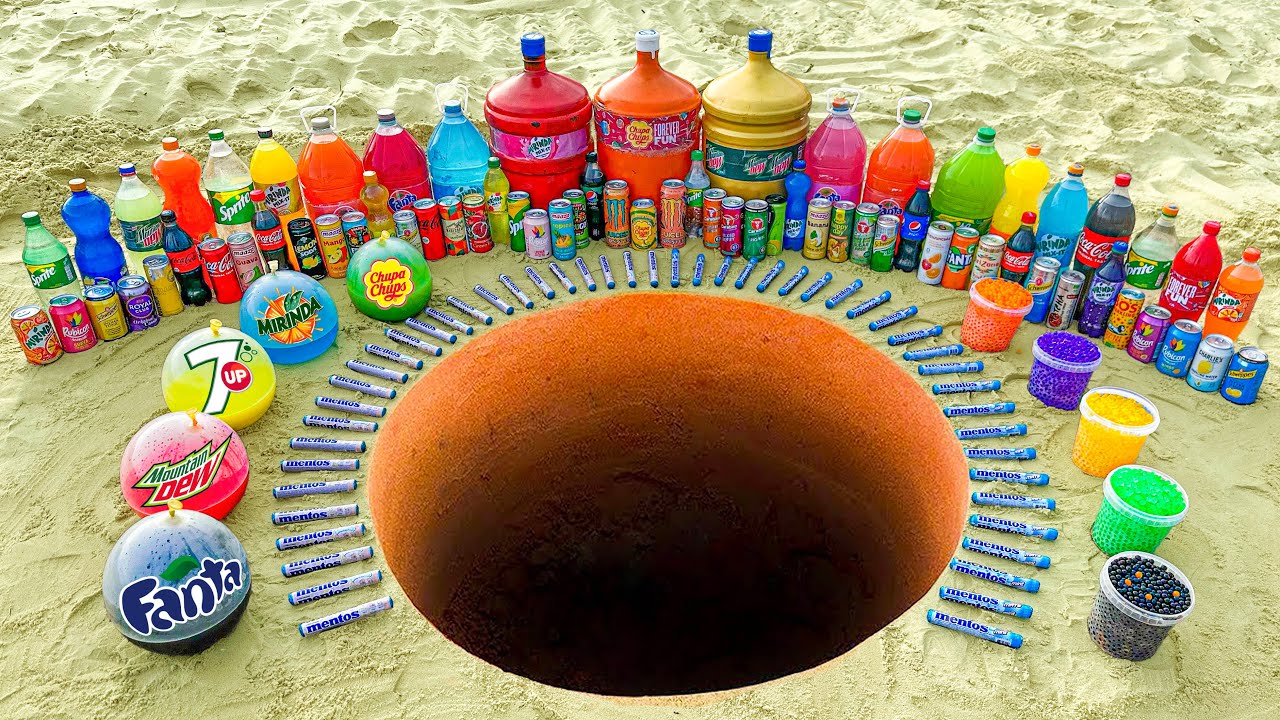Big Toothpaste Eruption from Barrel, Chupa Chups, 7up, Schweppes, Sprite, Coca Cola vs Mentos