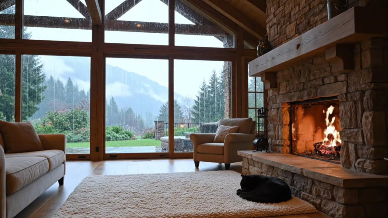 🌧️ Cozy Mountain Rain Ambience with Warm Fireplace for Deep Sleep and Cat Sleeping.
