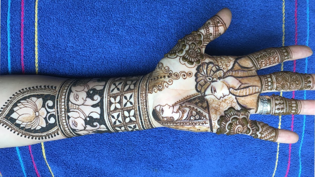 Dulhan mehendi with elephant border | Modern style | Bride & Groom & lotus | 2019