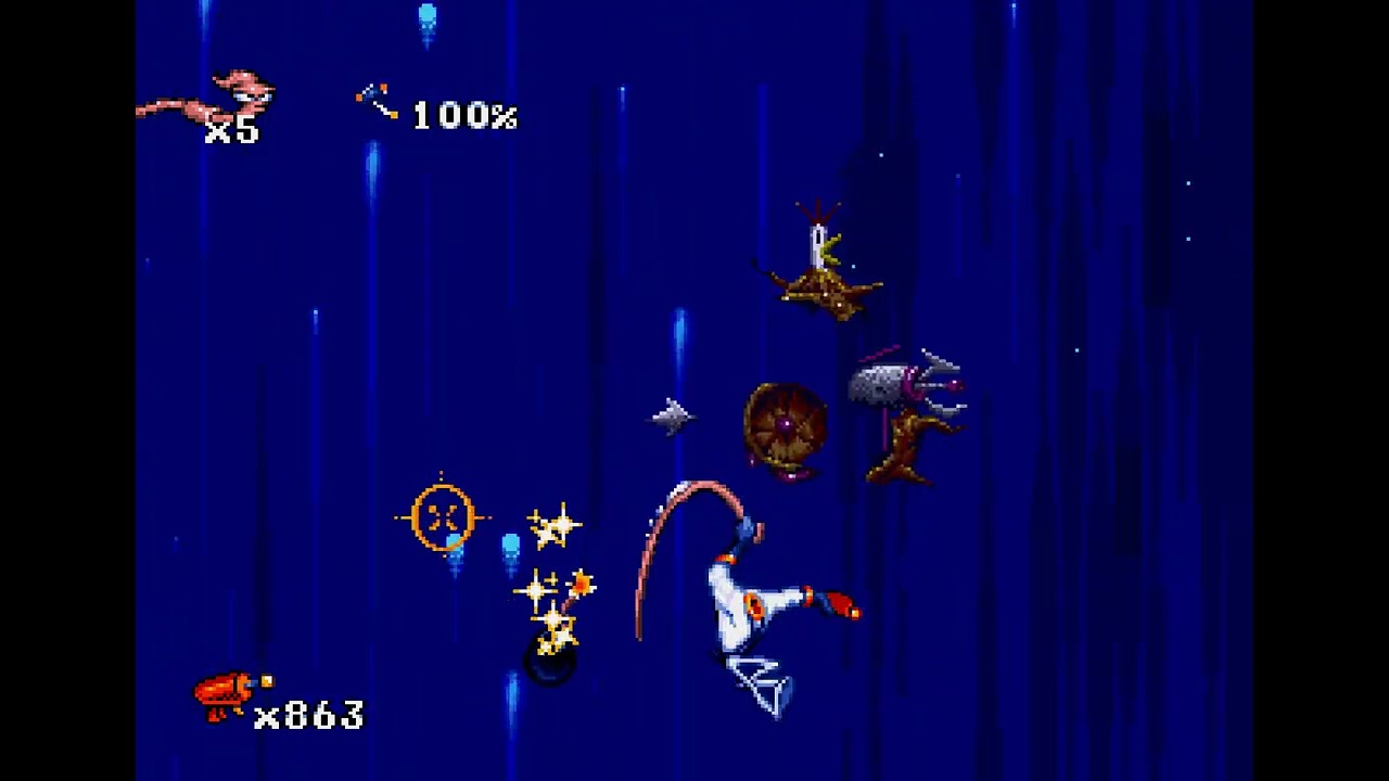 Gameplay snippet : Earthworm Jim : Robotic Chicken Boss : Mega drive