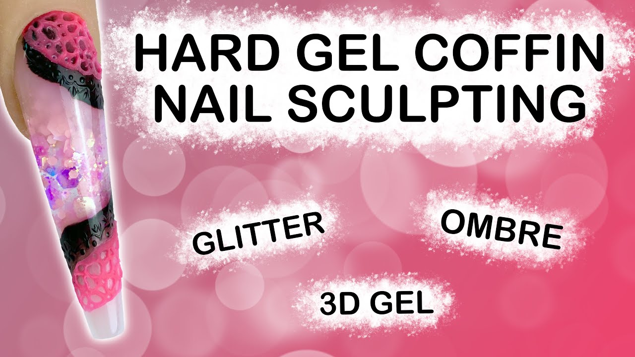 Coffin hard gel nail sculpting with glitter ombre & 3D design