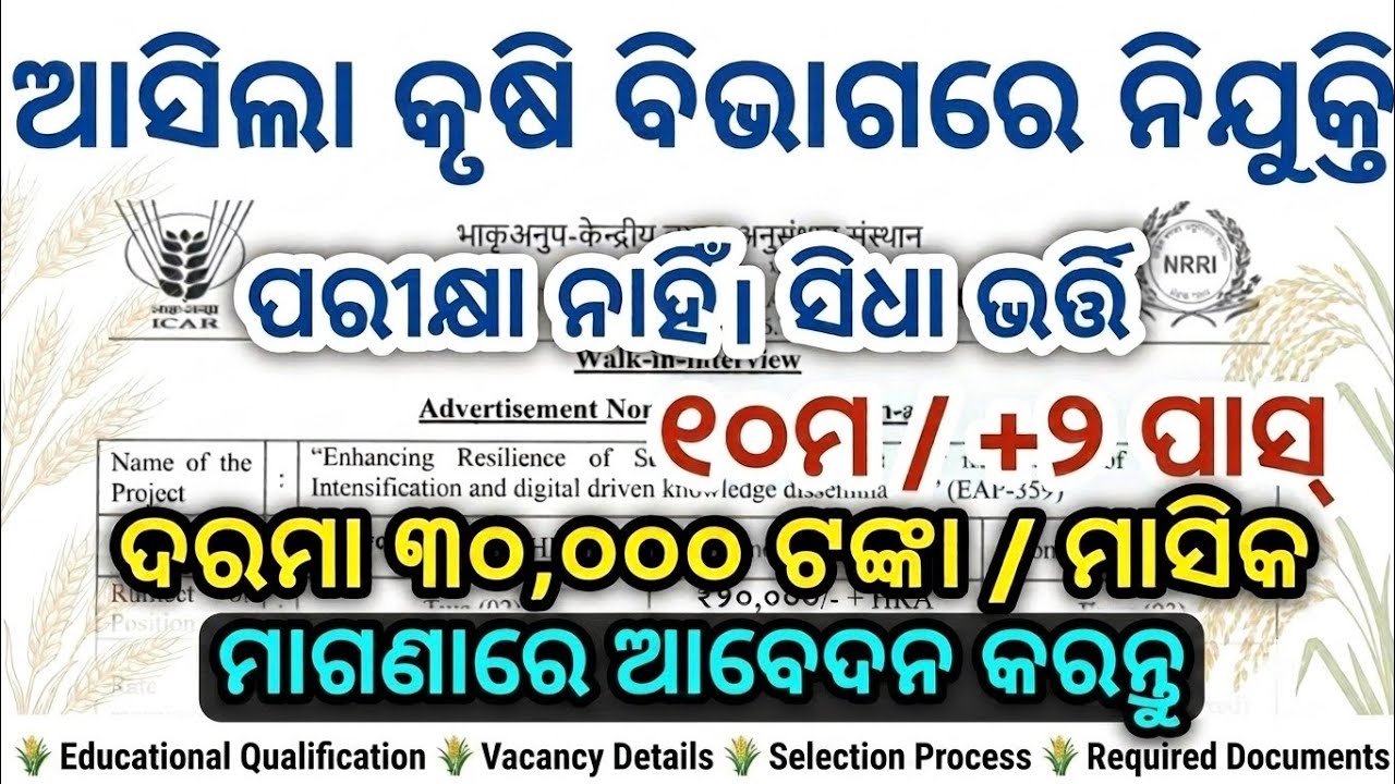 Odisha Agriculture Office Recruitment 2026 ll Salary ₹30,000 ll No Exam No Fees l Odisha Latest Jobs