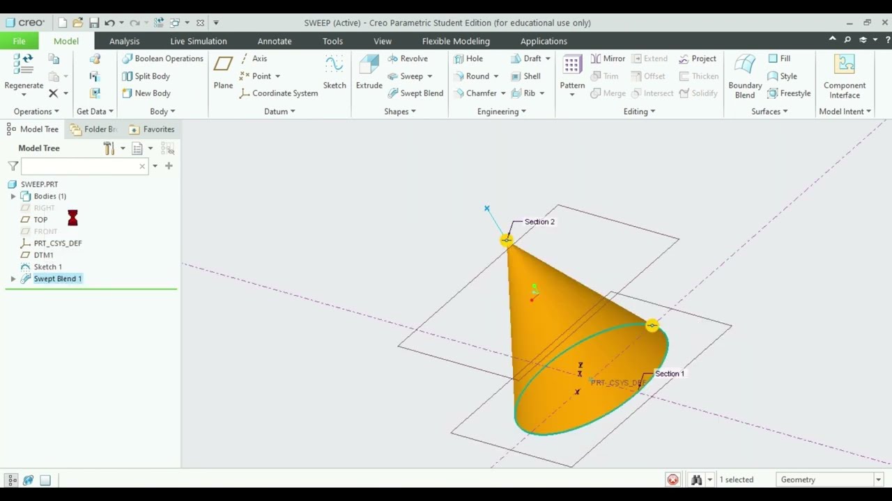 1. CREO Parametric | Making a Cone Using Swept Blend