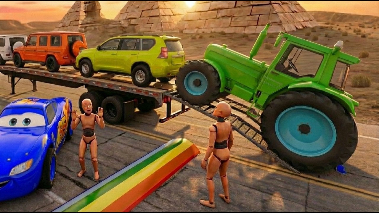 TRANSPORTING PIXAR CARS & FRUITS WITH COLORED & JOHN DEERE vs CLAAS vs TRACTORS - BeamNG.drive #34