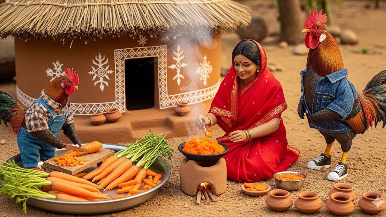 Miniature Doll Fresh Gajar Halwa Cooking ASMR | Indian Village Tiny Kitchen Sweet Recipe