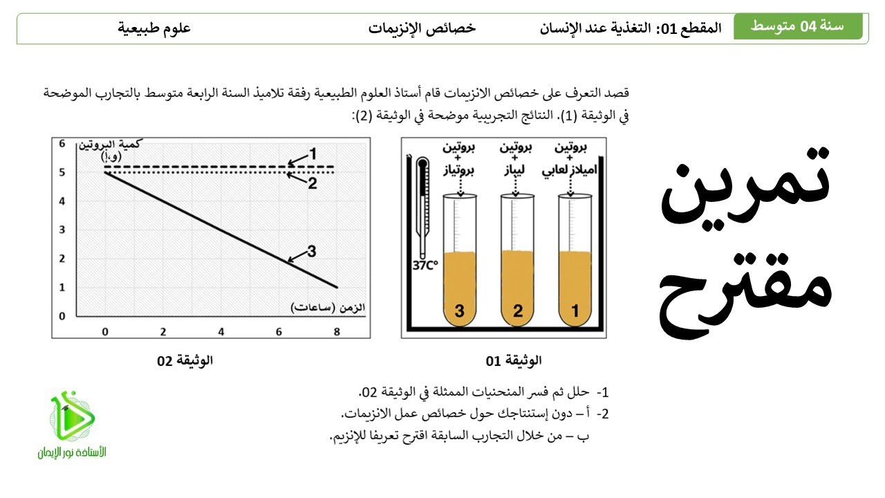 تمرين الإستدلال العلمي حول خصائص الإنزيمات ومفهوم الإنزيم - علوم طبيعية سنة 04 متوسط