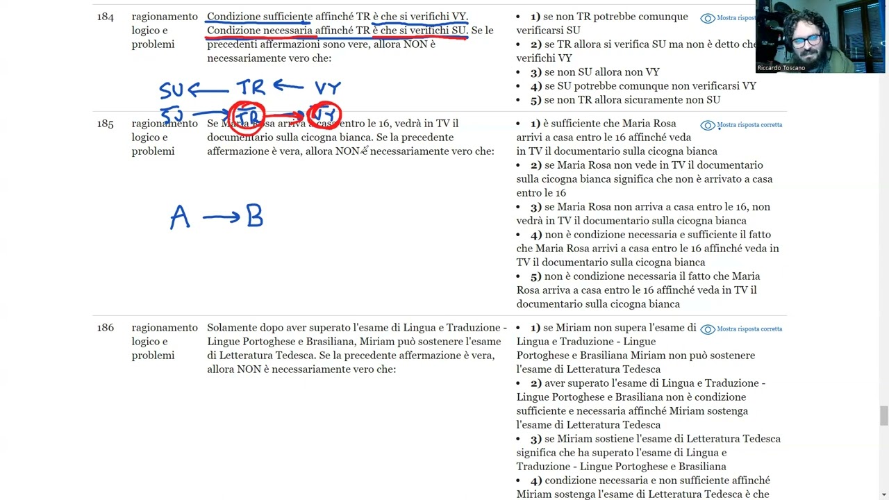 Maggio 2024 | Logica n° 184 | Condizione sufficiente affinché TR è che si verifichi VY. Condizione …