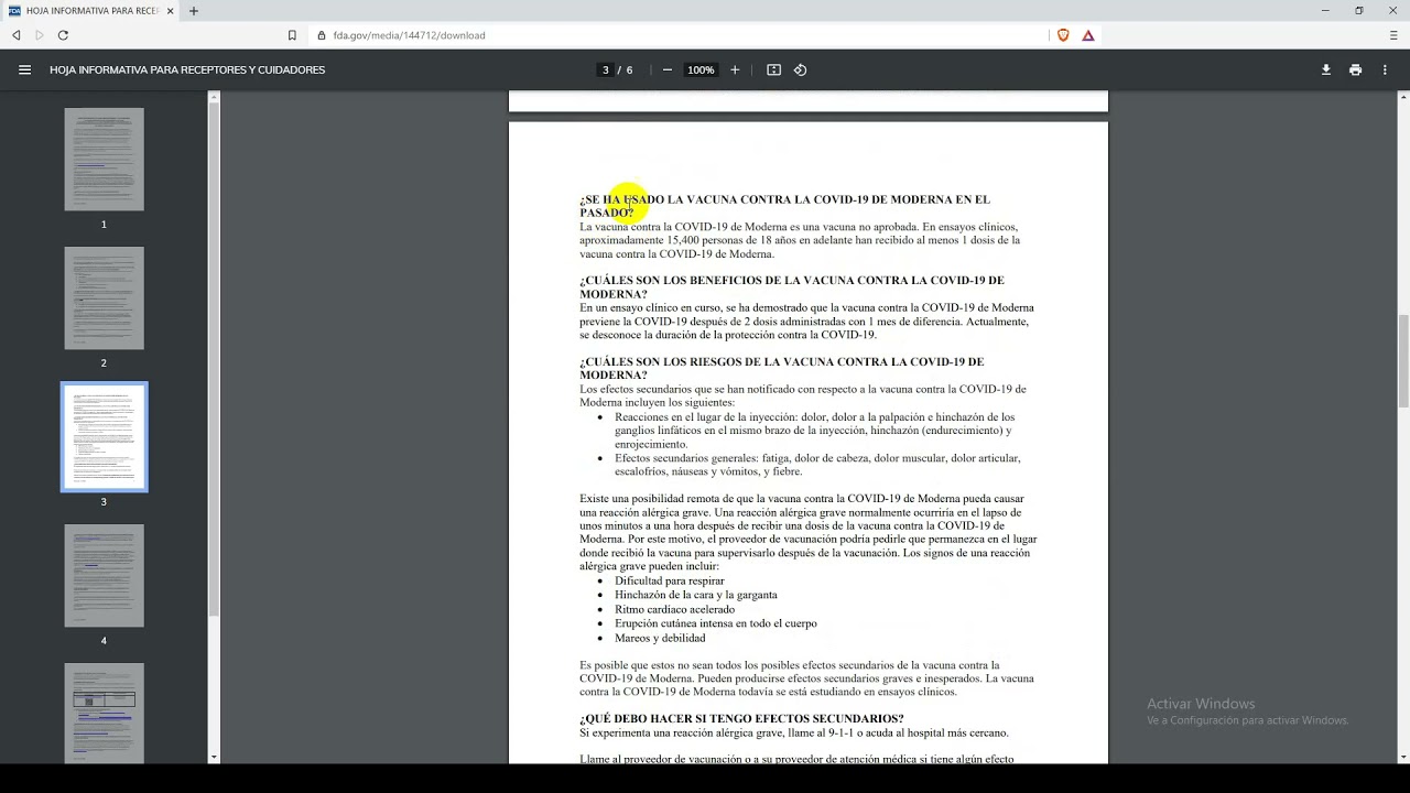 Hoja informativa de Moderna