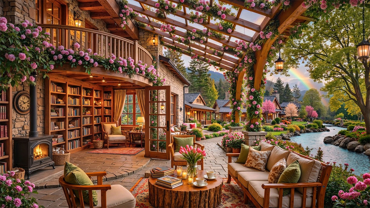 Rainy Spring Jazz Melody at Cozy Riverside Porch Ambience | Warm Fireside Glow to Relax, Work
