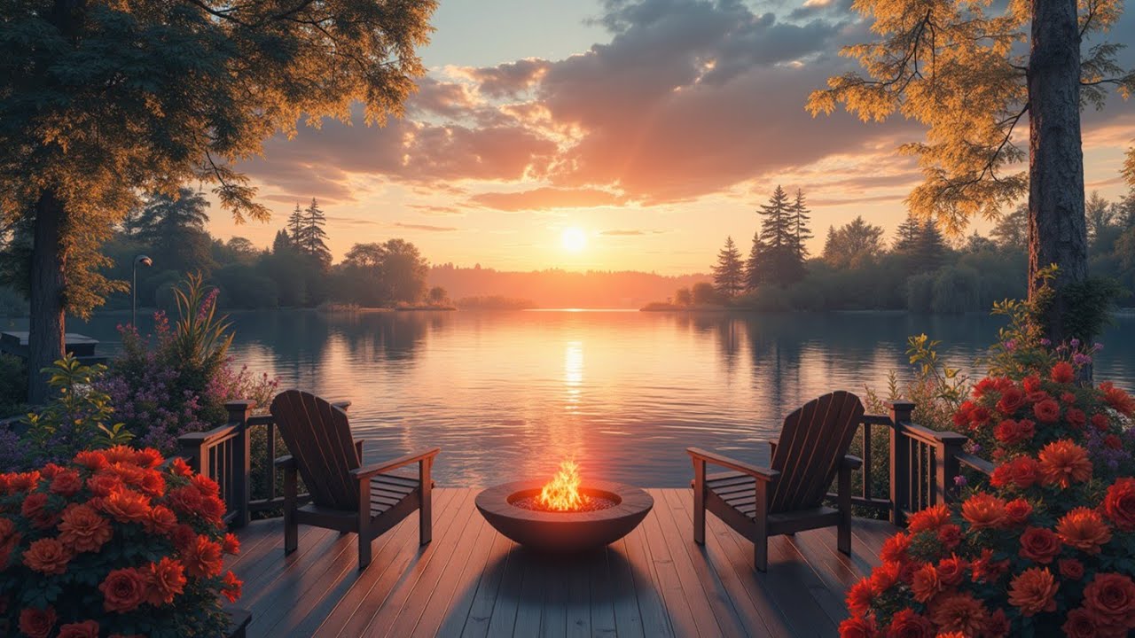 Golden Hour Lakeside Campfire ASMR with Nature Sounds for Calm & Focus
