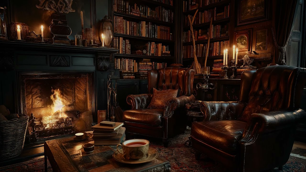 Warm Cozy Library Fireplace with Soft Fire Crackling Sounds for Study, Rest, and Peaceful Sleep