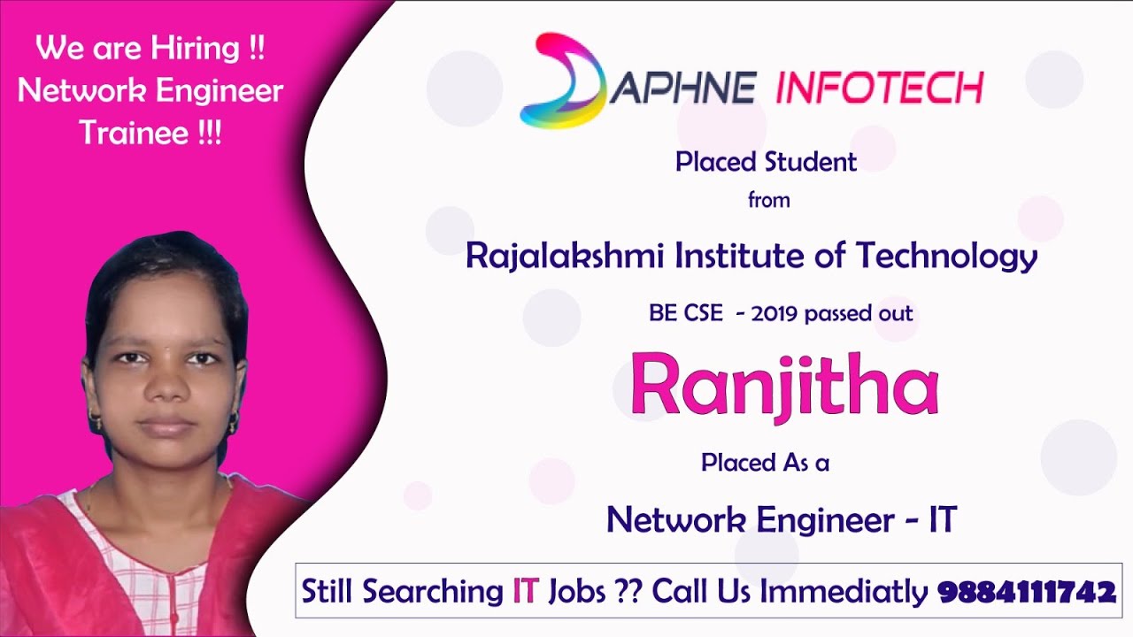 DAPHNE INFOTECH PLACED RANJITHA RAJALAKSHMI INSTITUTEOF TECHNOLOGY CSE 2019PASSEDOUT NETWORKENGINEER