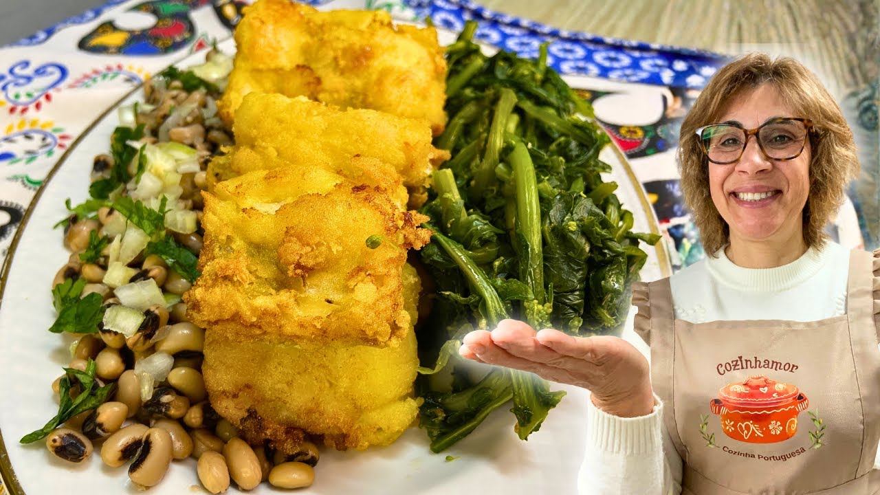 Bacalhau Frito Com Feijão Frade e Grelos! Receita Portuguesa com certeza! 🇵🇹 