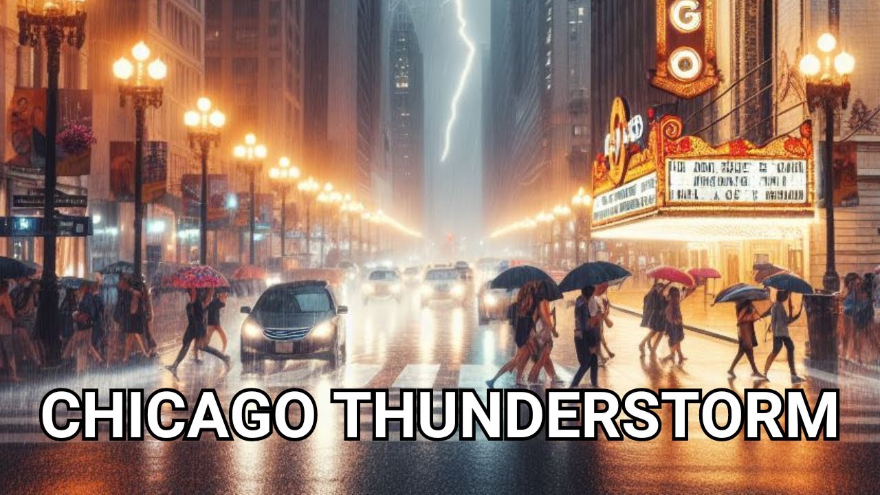 Heavy Rain & Thunderstorm Lightning in Chicago Walking Tour | Umbrella Binaural Rain Sounds| ASMR 4K