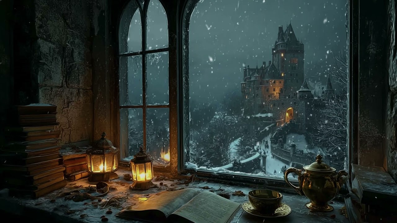 Dark Academia Winter Cottage Ambience | Lantern-Lit Path Through Falling Snow for Deep Sleep, Study