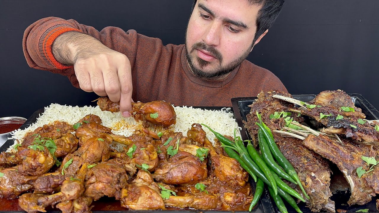ASMR; EATING SPICY CHICKEN LEGS CURRY+MUTTON CHOPS TIKKA+RICE+GREEN CHILLIES || REAL MUKBANG