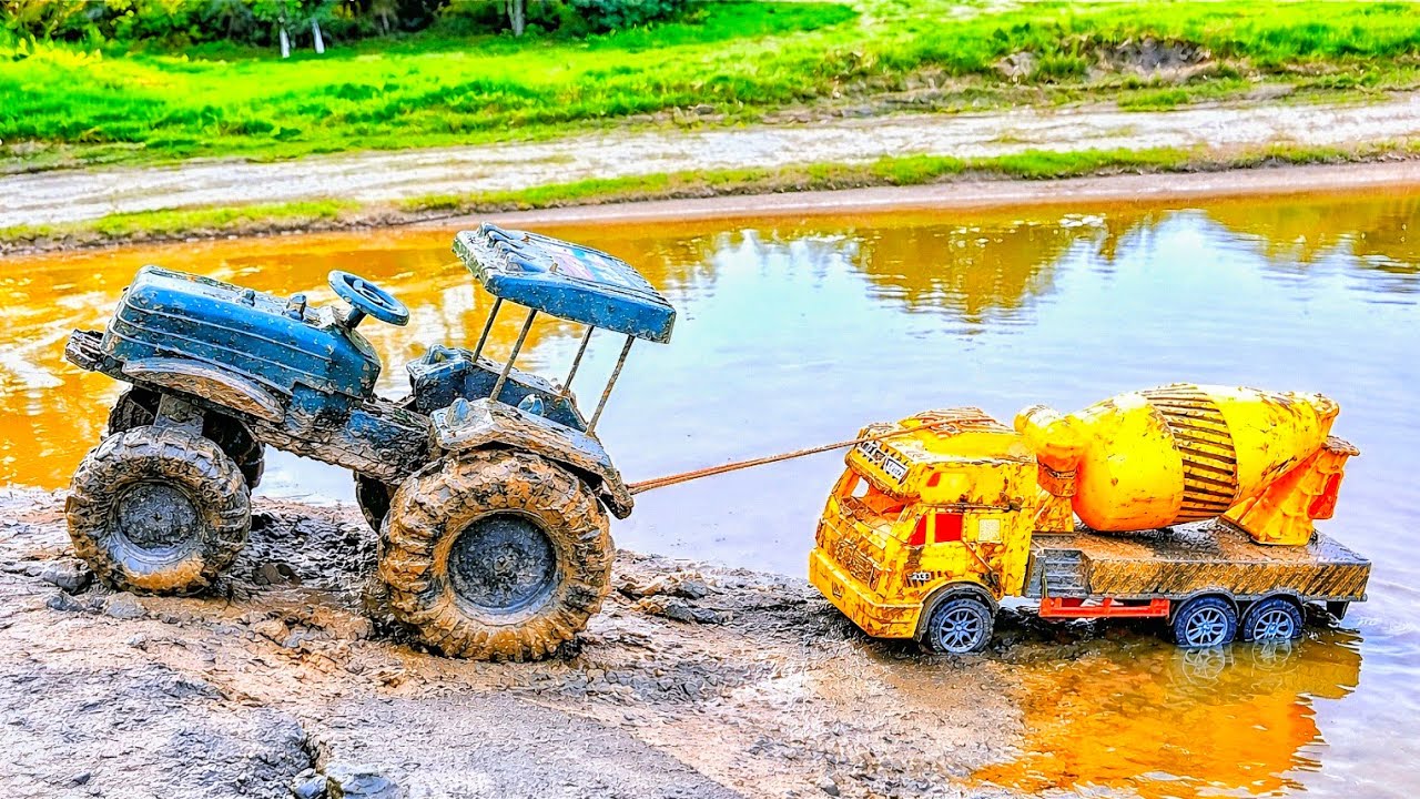 🚜 Tractor River Rescue Mission | Cement Mixer Truck Stuck in Mud | Toy Construction Action l 