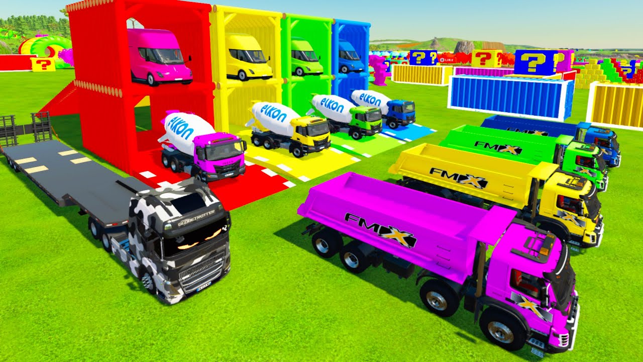 Colorful trucks - ALL COLORED IVECO MIXER TRUCK, VOLVO DUMP TRUCK TRANSOPRTING WITH TESLA SEMITRUCKS