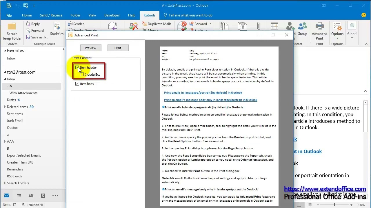 How to shrink email message to fit one page when printing in Outlook