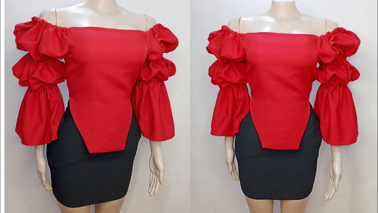 How to cut and sew off shoulder blouse with  three puff sleeves .#sewingtutorial #puffsleevesdesign