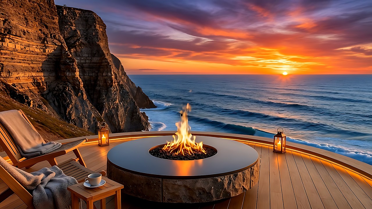 Ocean Waves & Sunset Fire Pit Ambience 🔥 Relaxing Coastal Terrace | 1 Hour