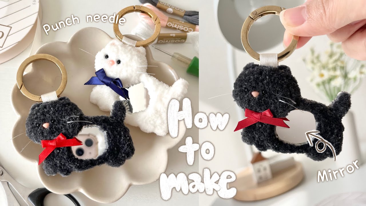 猫の鏡キーホルダー🐈‍⬛🎀｜Handmade Vlog｜punch needle