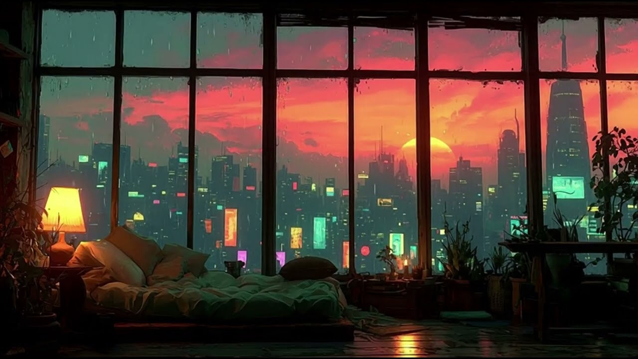 🌧️🌅 Cozy Anime Bedroom Rainy Cyberpunk Sunset Lo-Fi | Chill Beats to Study, Relax & Sleep