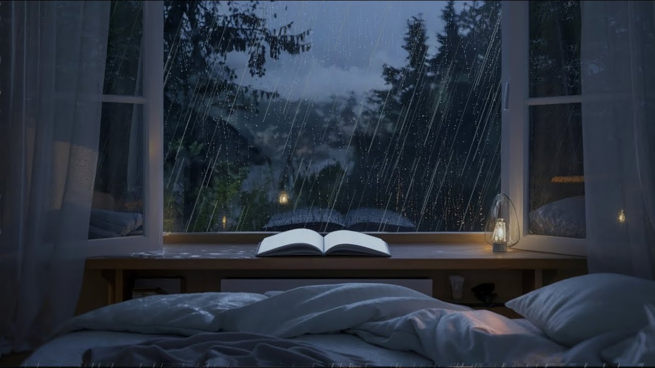 🔴 🌧️ Rain on Window in a Cozy Night Room — Warm Lamp, Open Book, Gentle Rain Sounds for Sleep