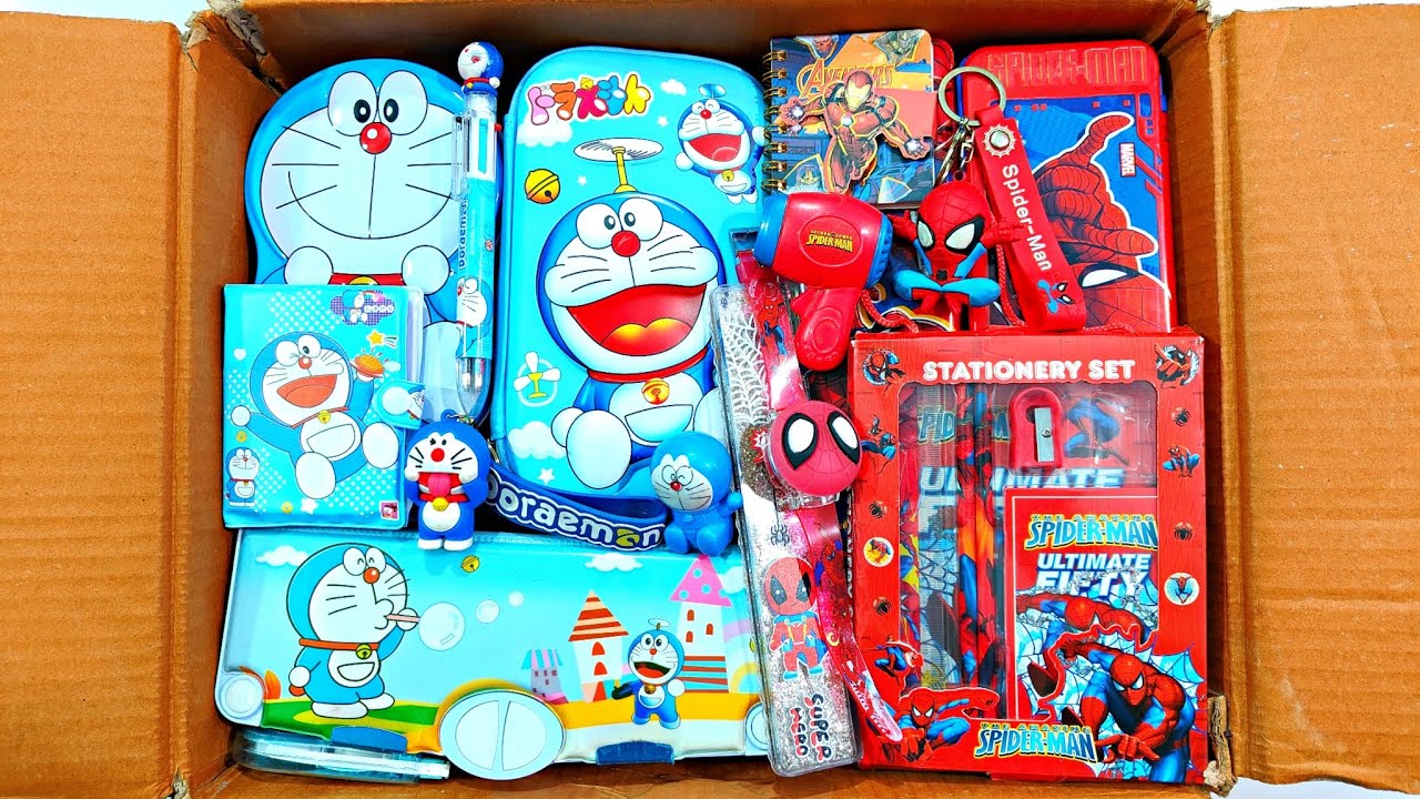 Unboxing Doraemon Stationery vs Spiderman Stationery 📚, Pencil Pouch, Sharpener, Coin bank, Geometry