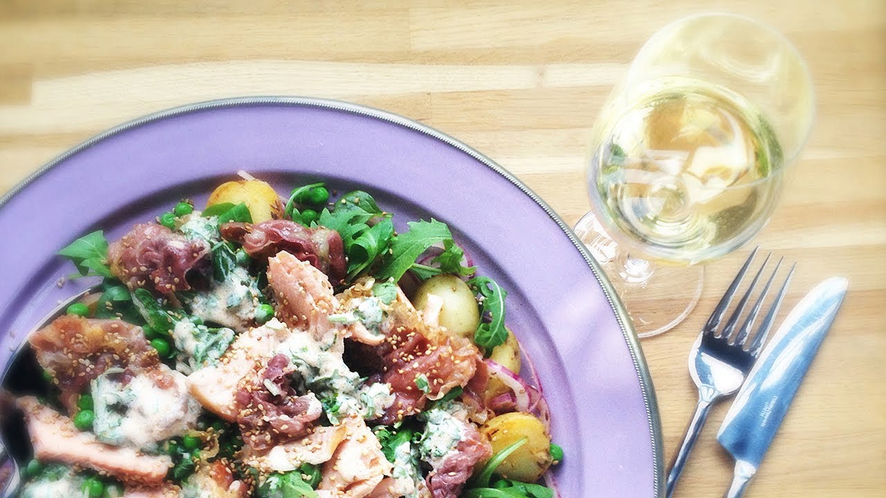 Spring salad with trout, new potatoes, crispy Parma Ham and a paprika and mint yoghurt dressing