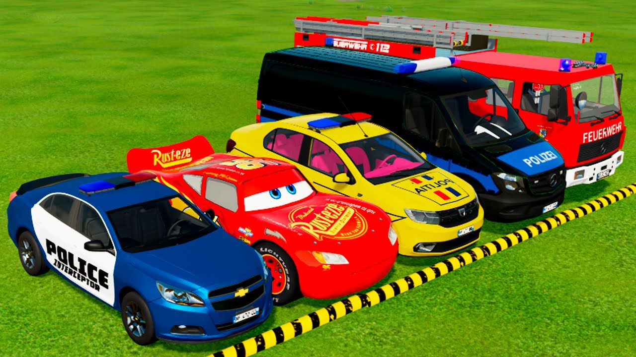 DACIA, MCQUEEN CAR, FORD POLICE CARS, AMBULANCE EMERGENCY TRANSPORTING WITH TRUCKS ! FS22 #4