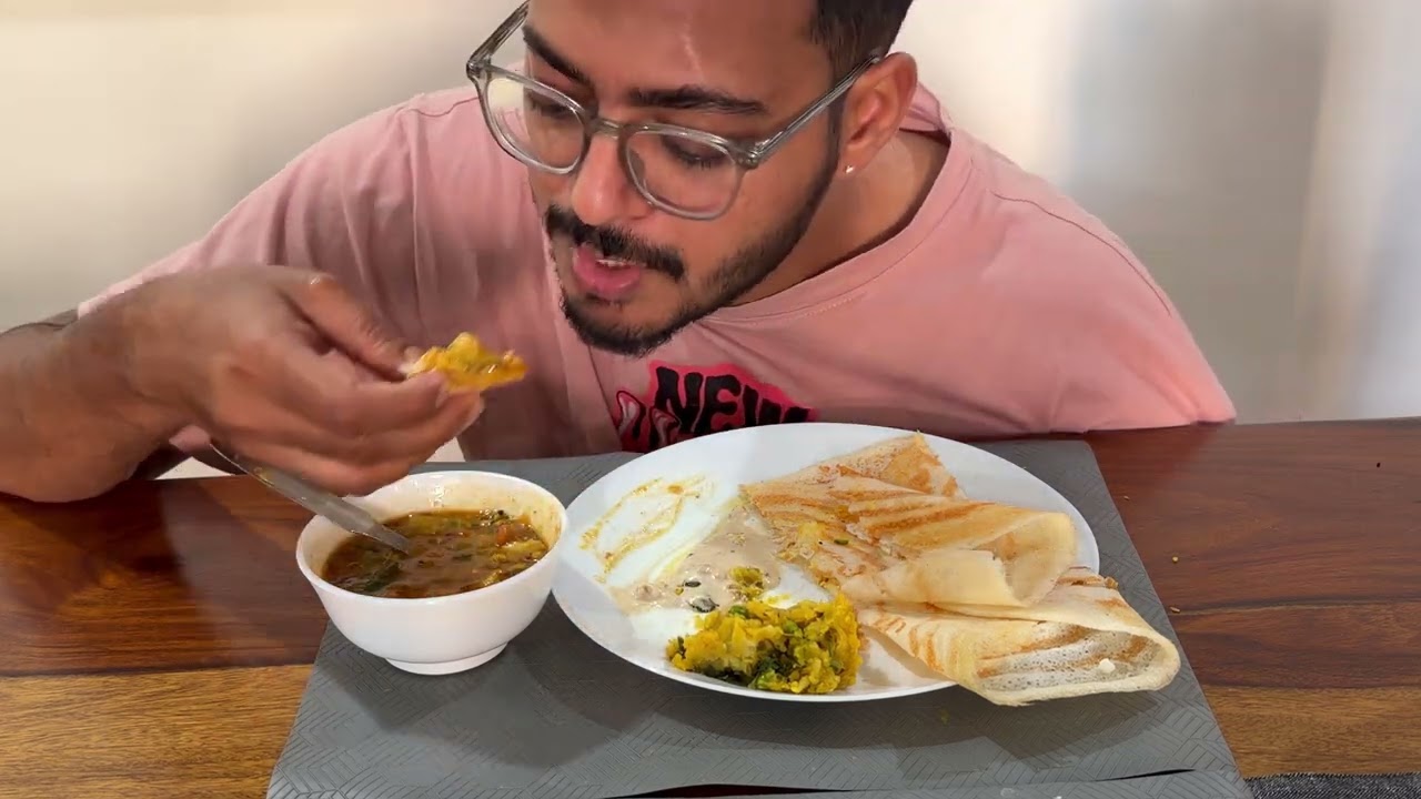 Eating Paper Masala Dosa, Peanut Chutney, Sambhar