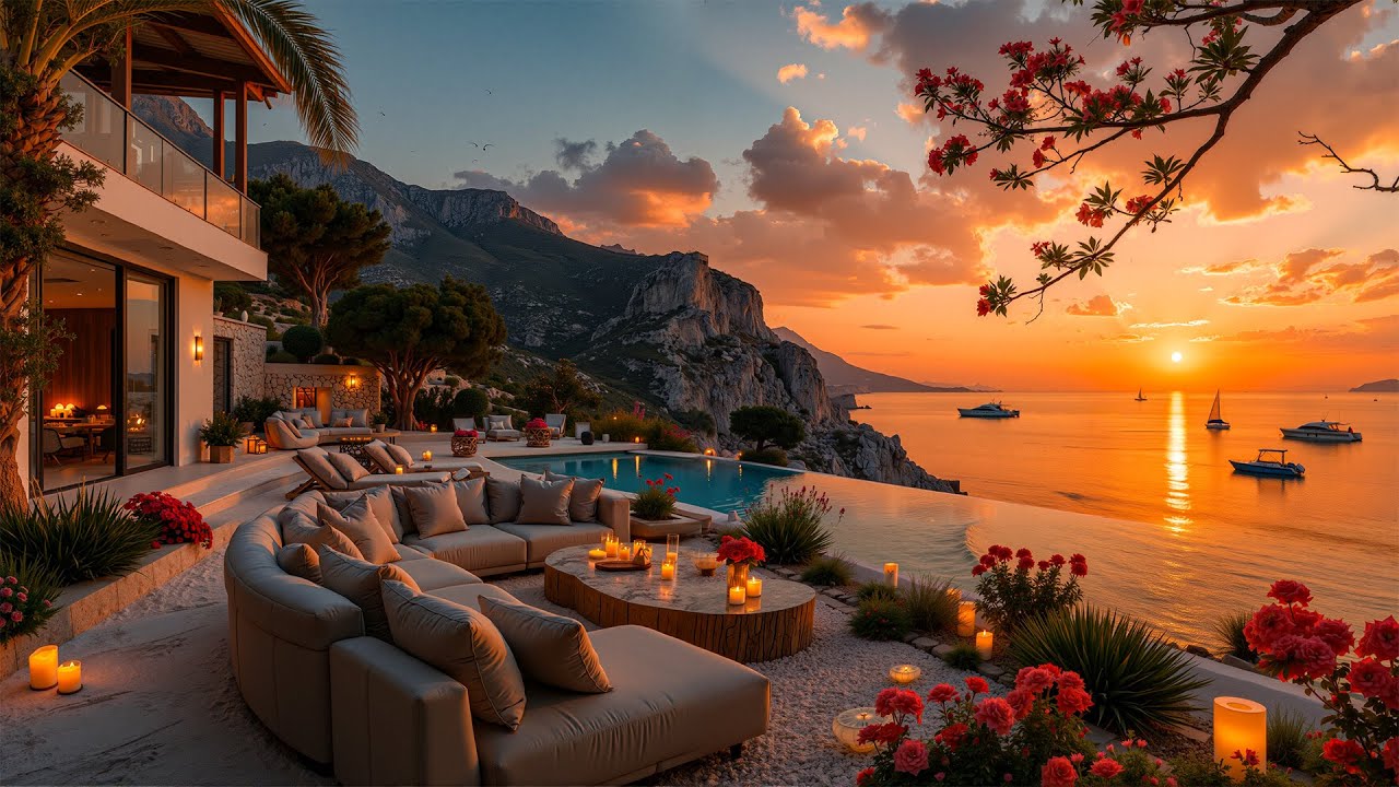 Luxury Balcony Of The Seaside Villa Is Bathed In Warm Sunset Light - Dreamy Jazz & The Gentle Waves