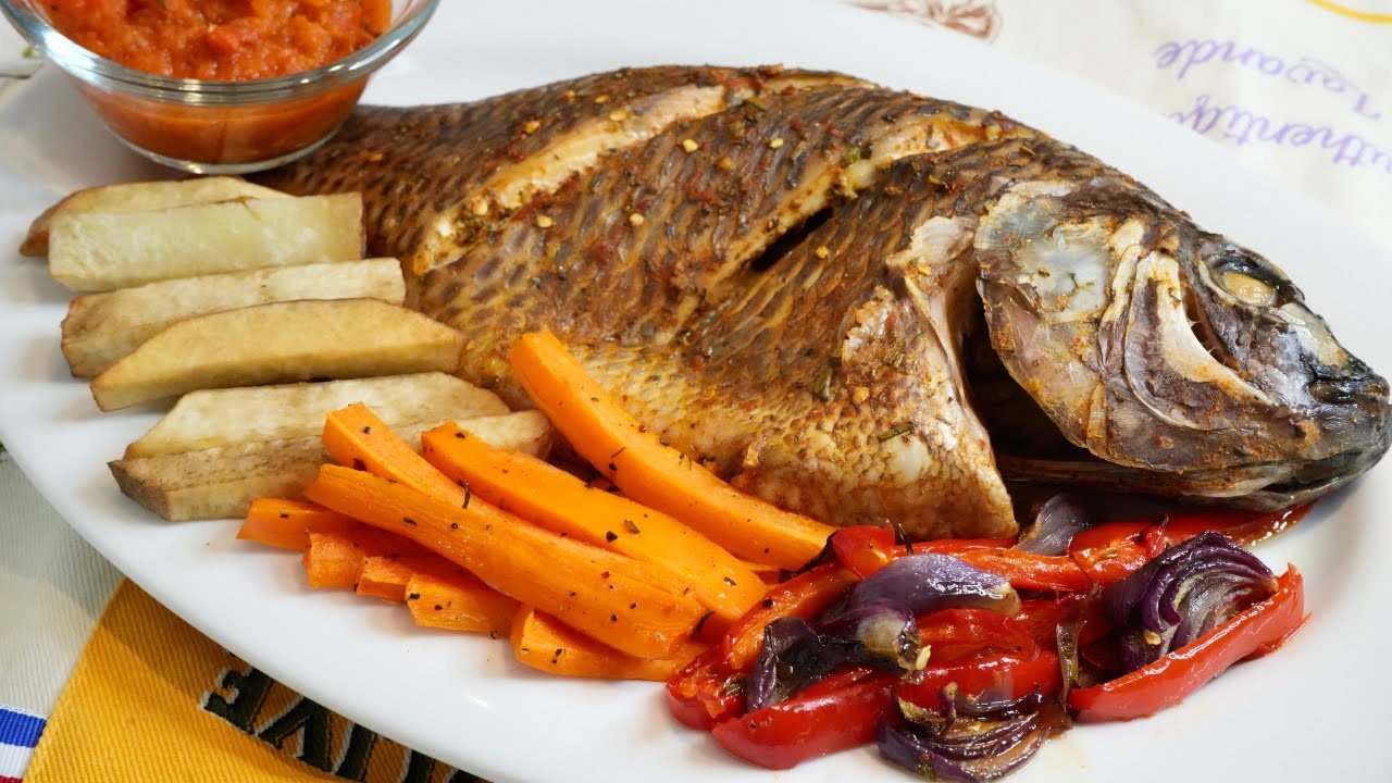 Oven Grilled or Baked Tilapia Fish with Fried Yam (Dun Dun) and Pepper Sauce