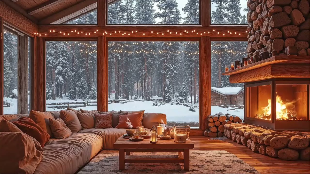 Warm Winter Cabin Jazz ✨ Snowy Fireplace Atmosphere | Chill Smooth Jazz for Cozy Evenings