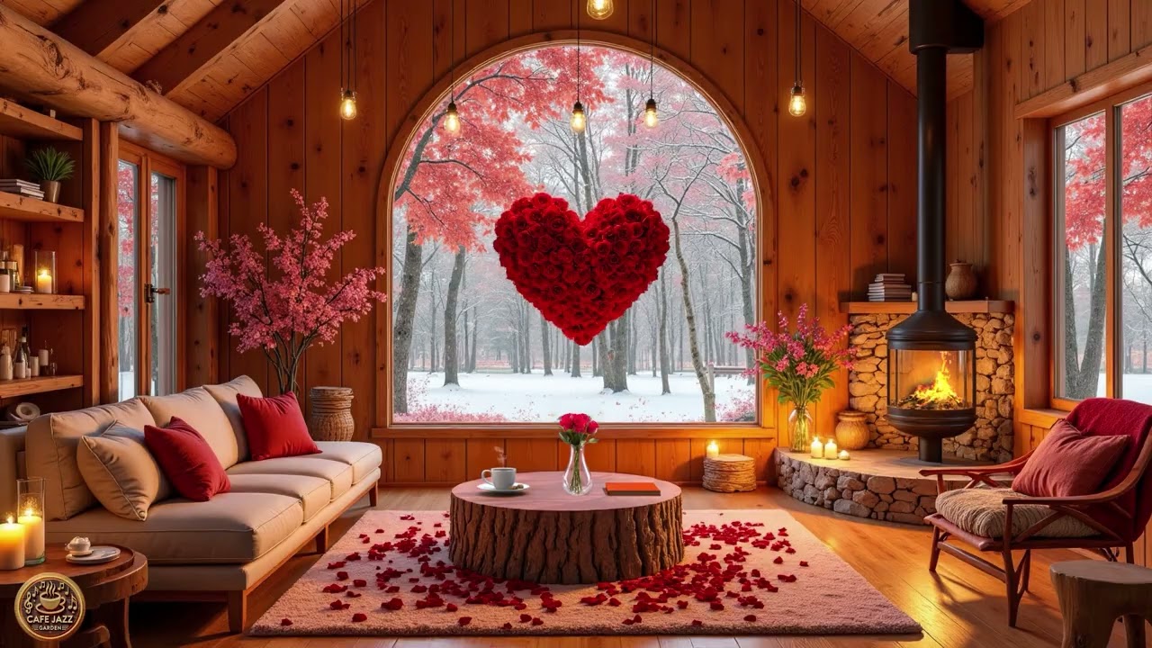 Valentine’s Morning Frost 🌹 Snowy Cabin Jazz | Soft Fireplace & Blue Dawn Ambience