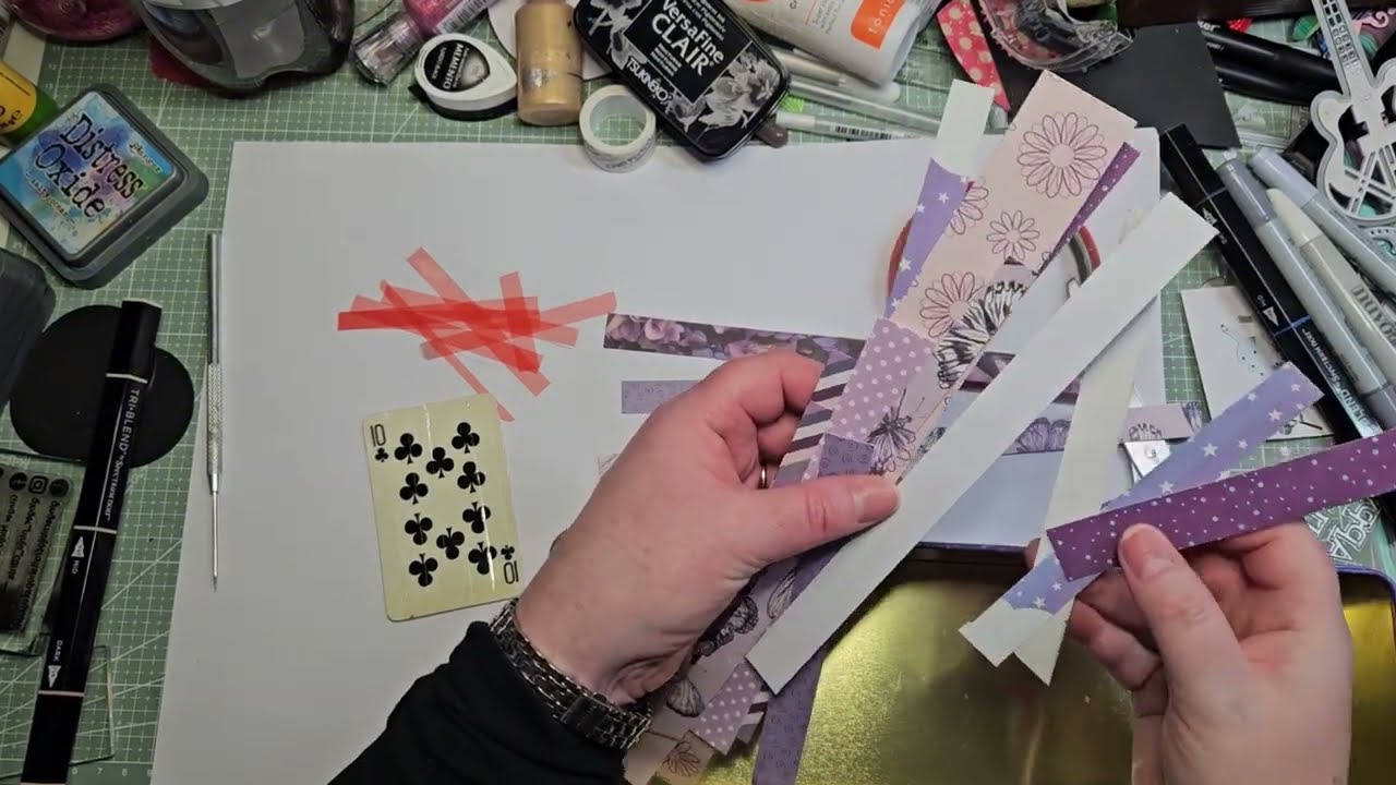 Altered Playing card with scrappy strips for  #decktheyear & #scrappyscrapsandstrips