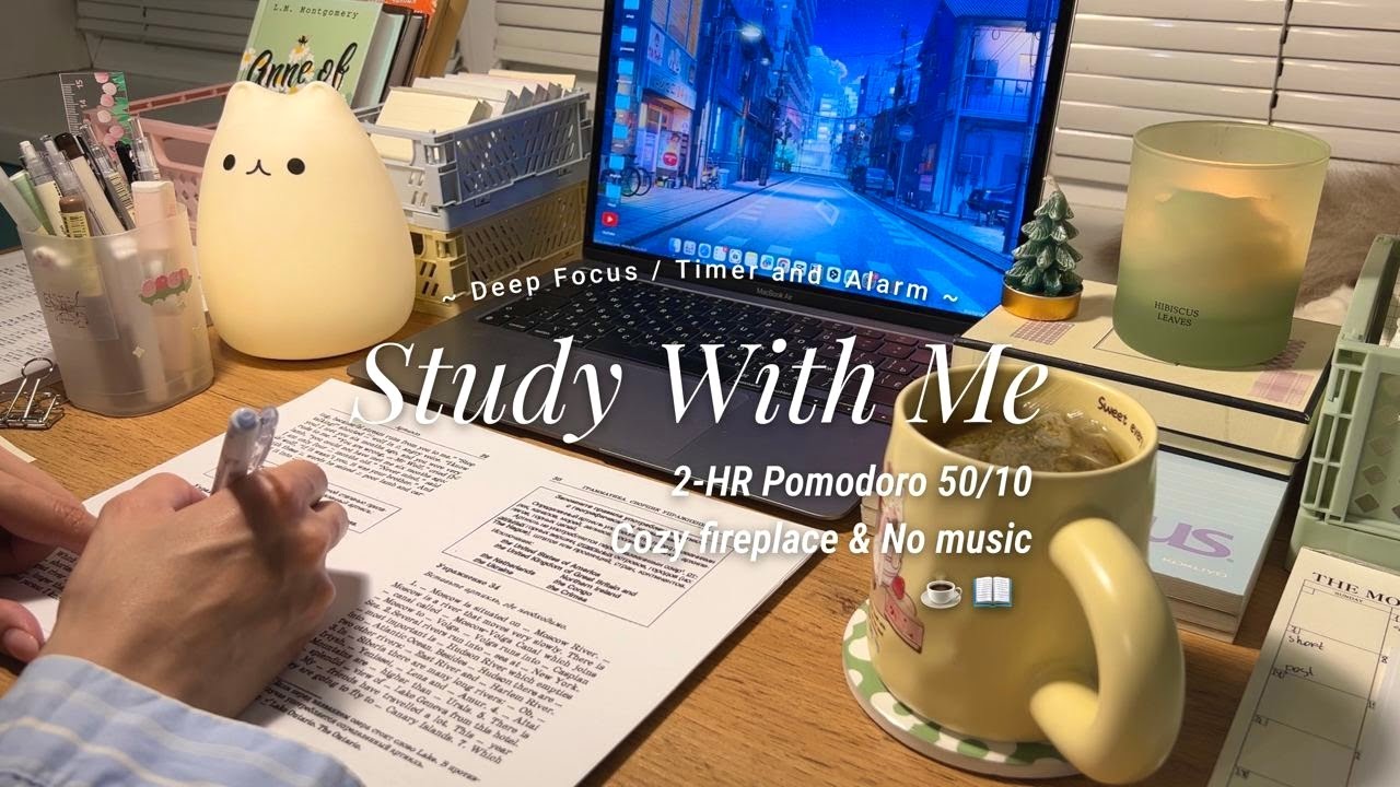 2-HR STUDY WITH ME 📖 [Pomodoro 50/10] cozy fireplace, no music / real time