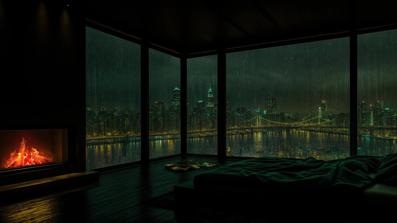 Rain on Window in Dark Cabin 🌧️🔥 | Cozy Fireplace Sounds for Deep, Peaceful Sleep (No Ads)