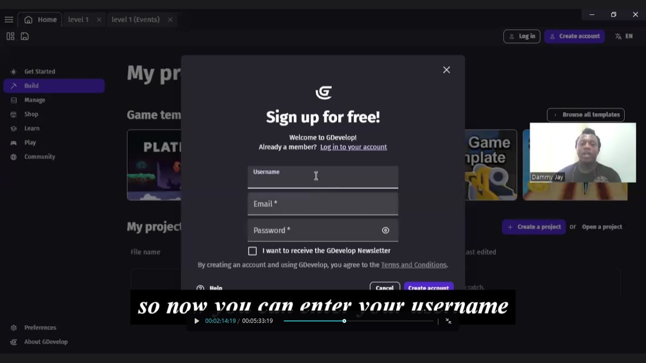 2D Game design GDevelop | Ep1 Login and Create Account