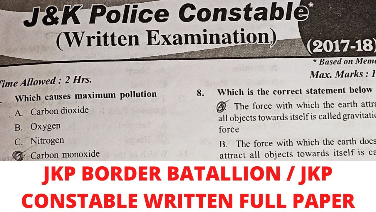 JKP Old Paper || J&K Police Constable 2017-18 Previous Year Old Paper || Full solved Paper