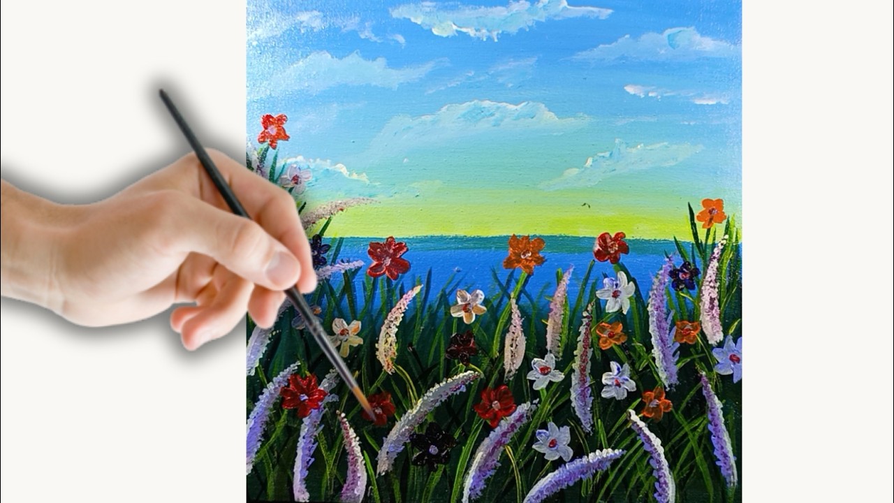 Прекрасный цветочный пейзаж на холсте #акральнаяживопись #искусство #урокрисования